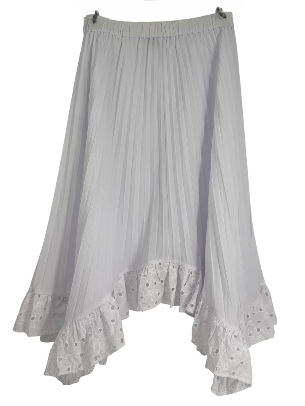 Boston Proper White Pleated Eyelet Hem Midi Skirt A Line Lace Trim Beachy Boho L